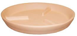 A tan colored shiny saucer