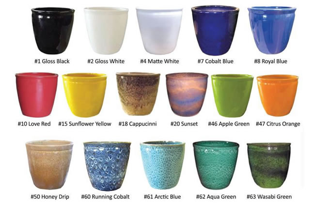 A large selection of clay and terrazo pots of various colors