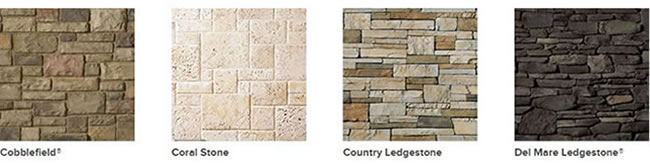 Pictures of different types of cultured stone including cobblefield and coral stone.