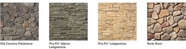 Pictures of different types of cultured stone including cobblefield and coral stone.