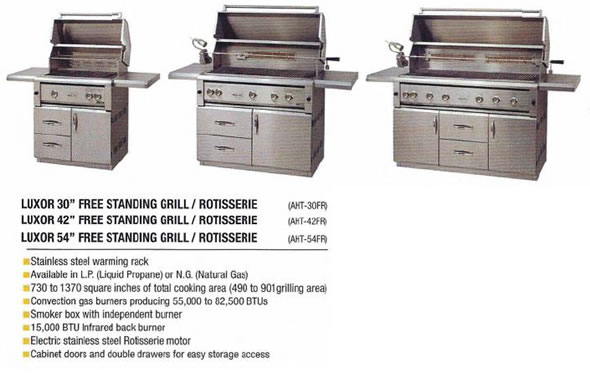 3 different Luxor free standing grills pictured.
