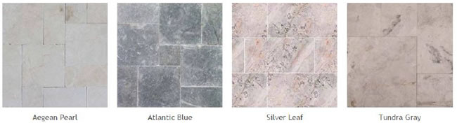 Pictures of different types of quartzite, marble and limestone pavers: Aegean Pearl Atlantic Blue, Silver Leaf, Tundra Gray.