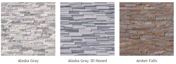 Natural Stone Veneer Panels of different types: Alaska Gray, Alaska Gray 3D Honed, Amber Falls.
