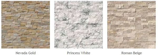 Natural Stone Veneer Panels of different types: Nevada Gold, Princess White, Roman Beige.