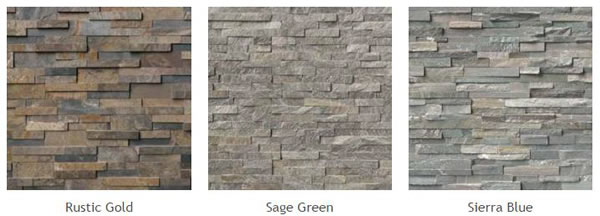 Natural Stone Veneer Panels of different types: Rustic Gold, Sage Green, Sierra Blue.