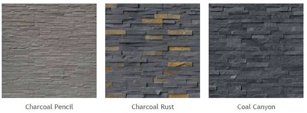 Natural Stone Veneer Panels of different types: Charcoal Pencil, Charcoal Rust, Coal Canyon.