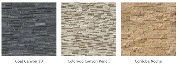 Natural Stone Veneer Panels of different types: Coal Canyon 3D, Colorado Canyon Pencil, Cordoba Noche.