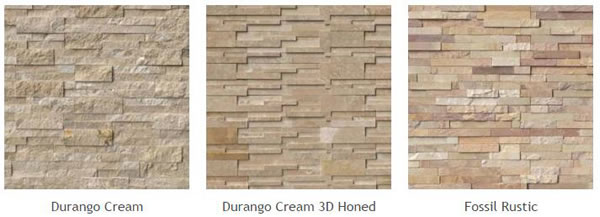 Natural Stone Veneer Panels of different types: Durango Cream, Durango Cream 3D Honed, Fossil Rustic.