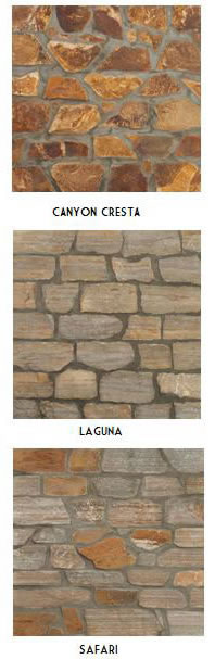 Pictures of different natural stone veneers including Canyon Cresta, Laguna, and Safari.